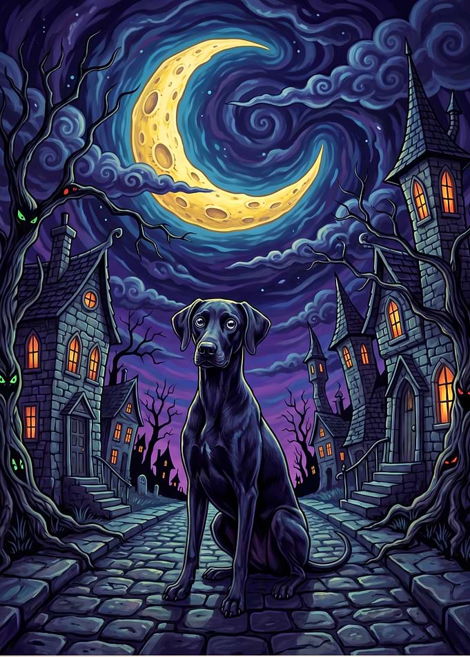 Black Dog in Spooky Night Town