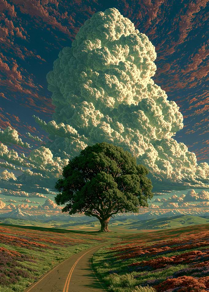Lone Tree Under Towering Clouds