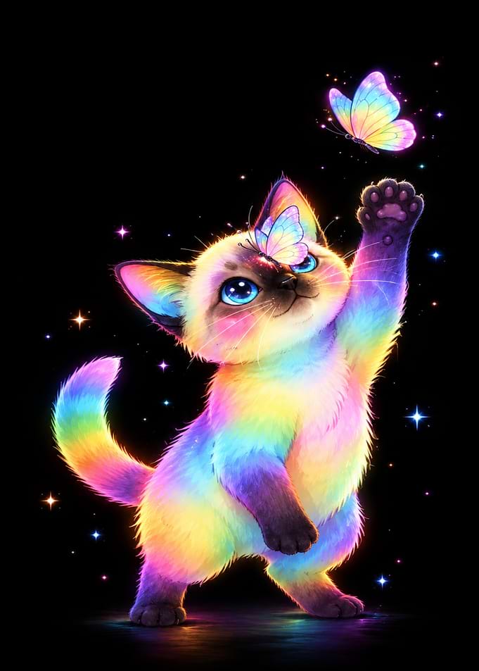 Rainbow Kitten Playing with Butterflies