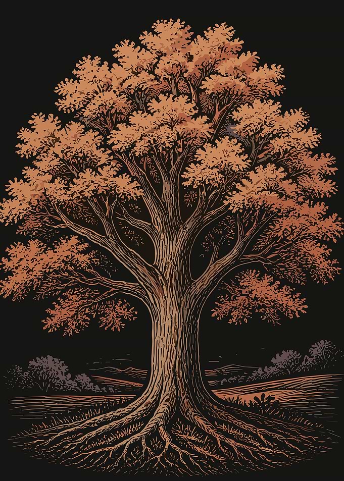 Stylized Woodcut Illustration of an Oak
