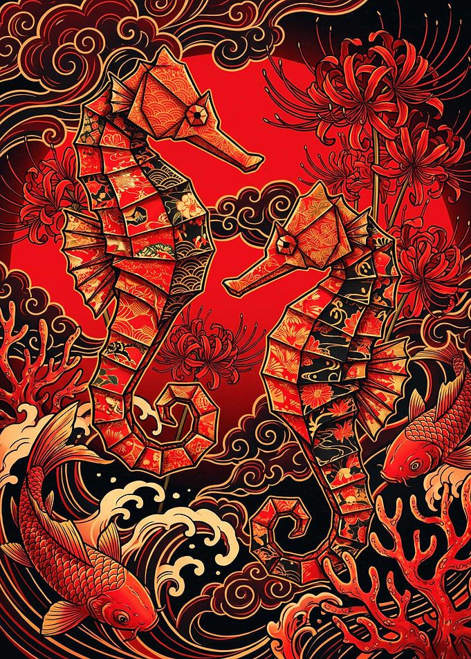 Ornate Origami Seahorses in Red