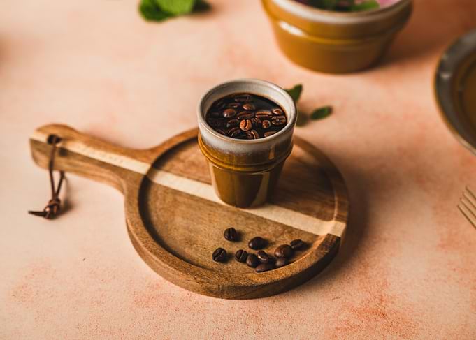 Espresso Cup on Wooden Serving Board