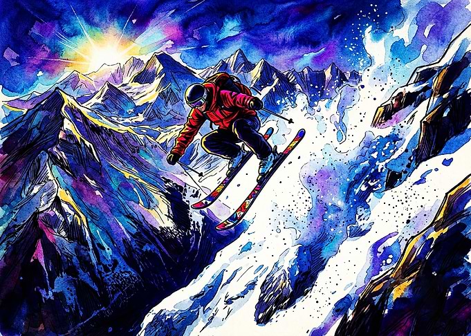 Extreme Skier Jumping Over Snowy Peaks
