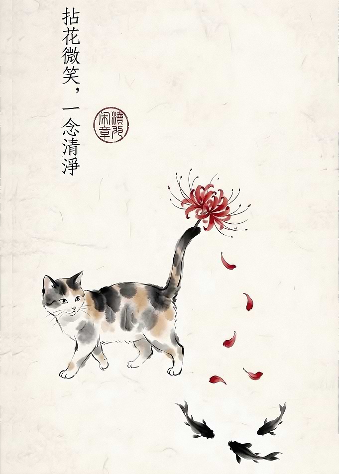 Calico Cat with Spider Lily