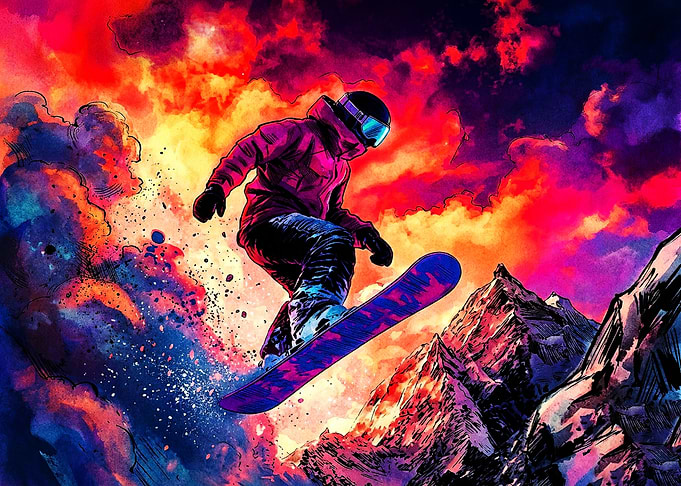 Vibrant Snowboarder Jumping Over Mountains