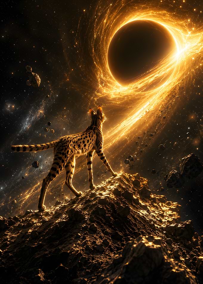 Serval Cat Watching a Golden Blackhole