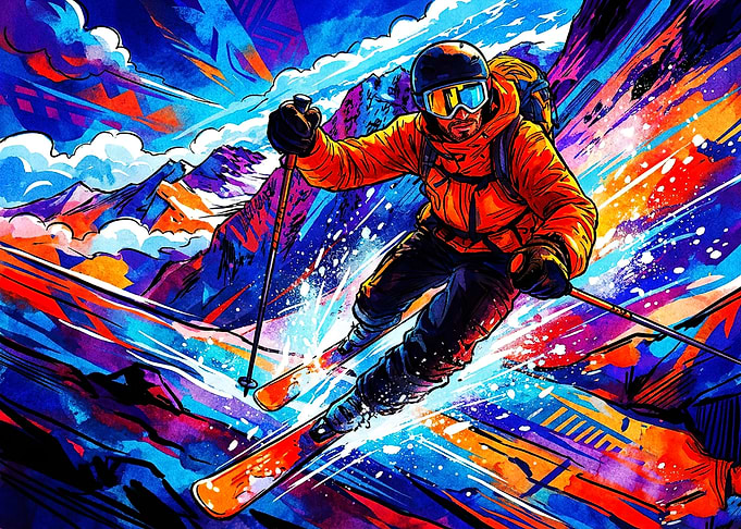 Vibrant Abstract Skiing Action Art