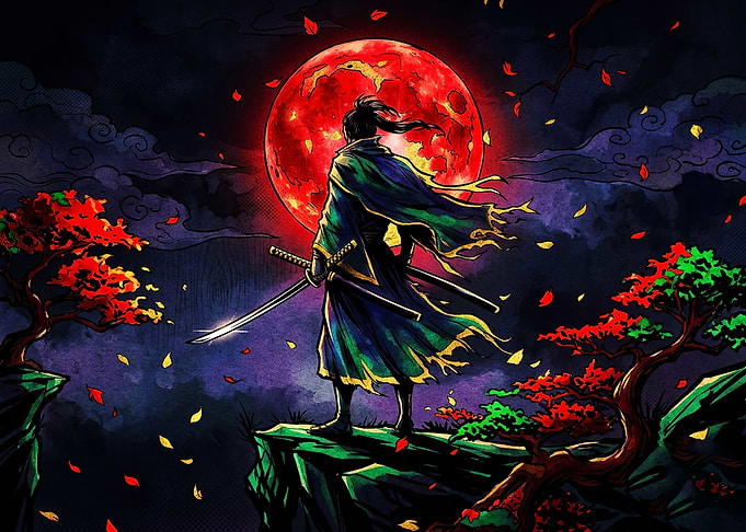 Samurai Standing Under Red Moon