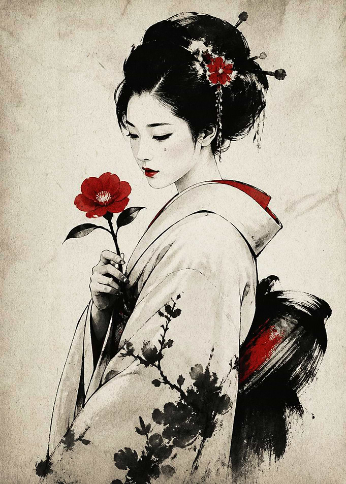 Geisha Holding a Red Flower