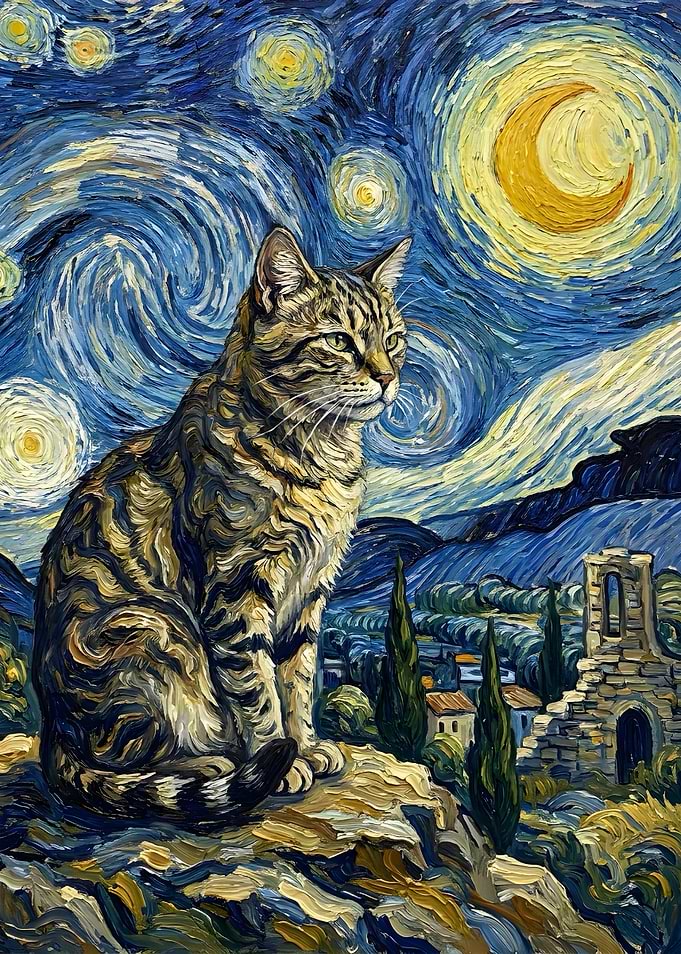 Tabby Cat in Starry Night Style