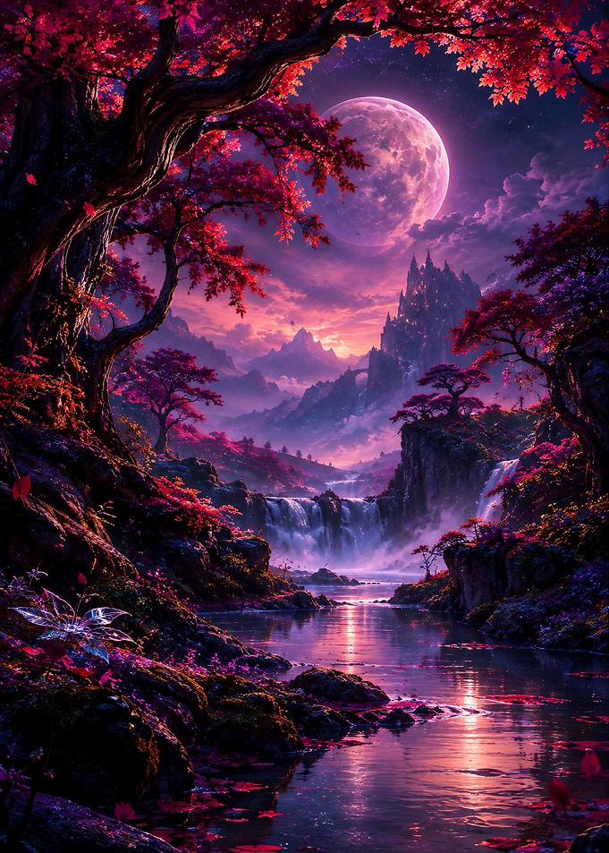 Enchanted Crimson Forest Moonlit Landscape