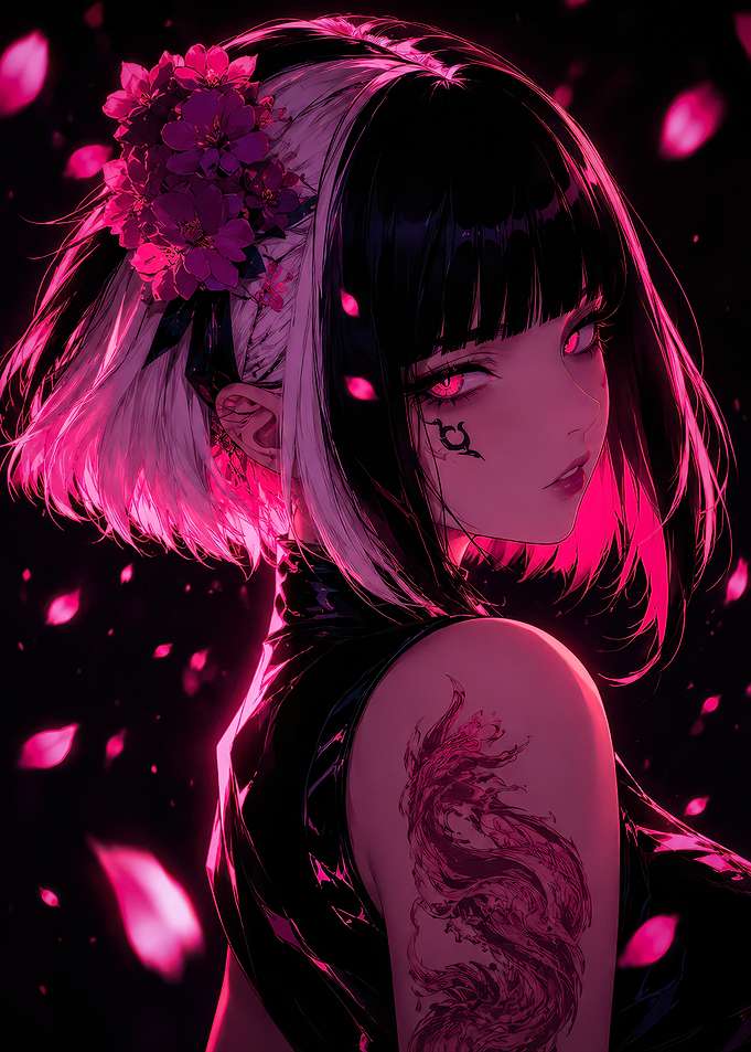 Neon Anime Girl with Dragon Tattoo