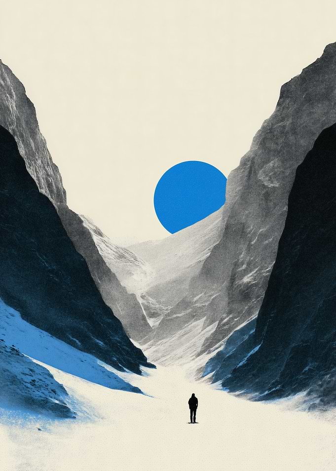 Lone Figure in a Blue Mountain Valley