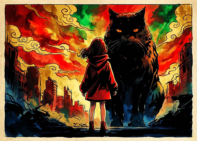 Girl Facing Giant Black Cat