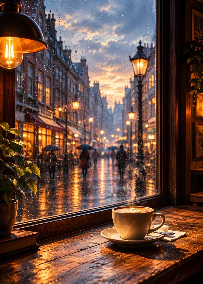 Cozy Coffee Shop Rainy Street View