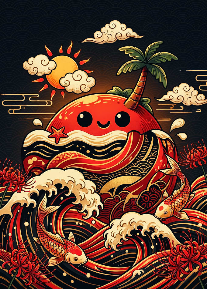 Cute Japanese Style Tropical Koi Illustration