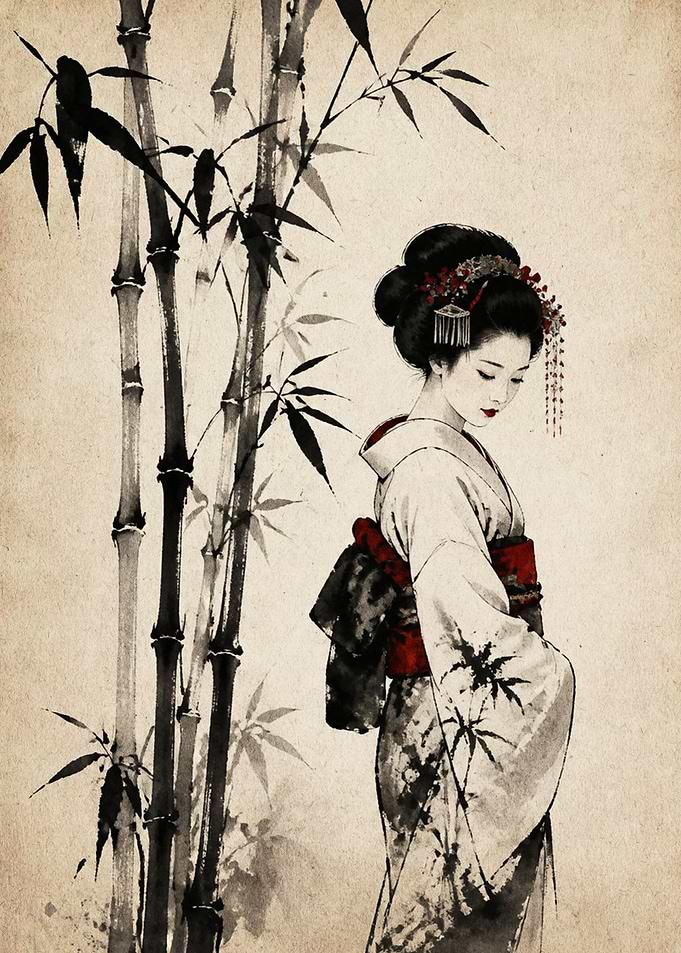 Geisha Standing Beside Bamboo Stalks