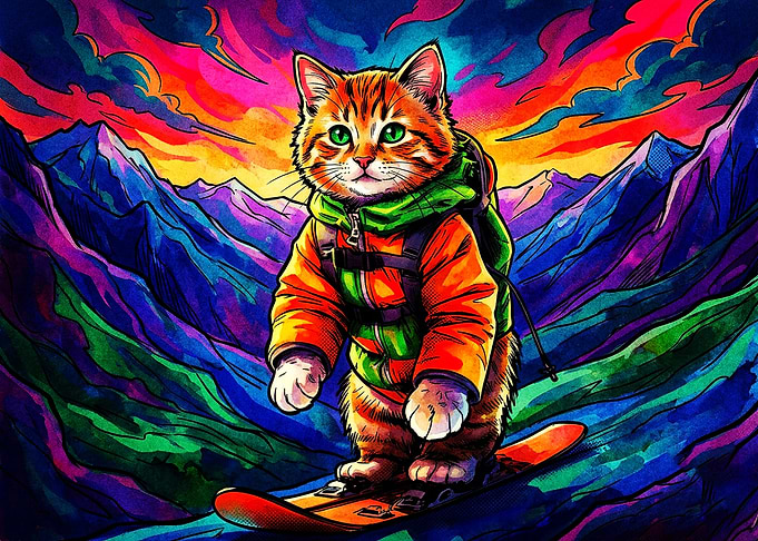 Psychedelic Cat Snowboarding in Mountains