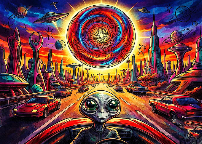 Alien Driving Through Psychedelic Space City