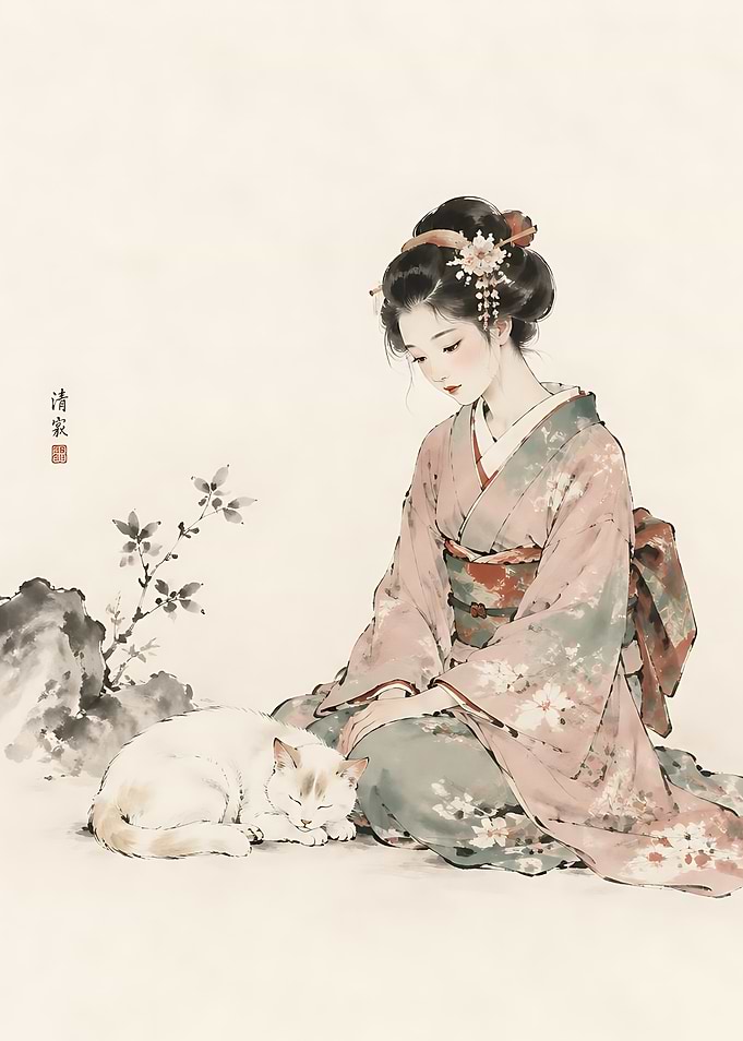 Geisha with Sleeping Cat Painting