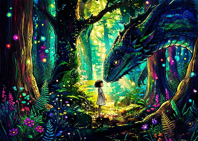 Girl Encountering Dragon in Enchanted Forest