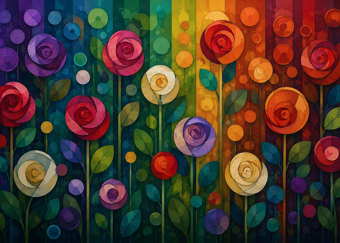 Vibrant Rainbow Rose Garden Illustration