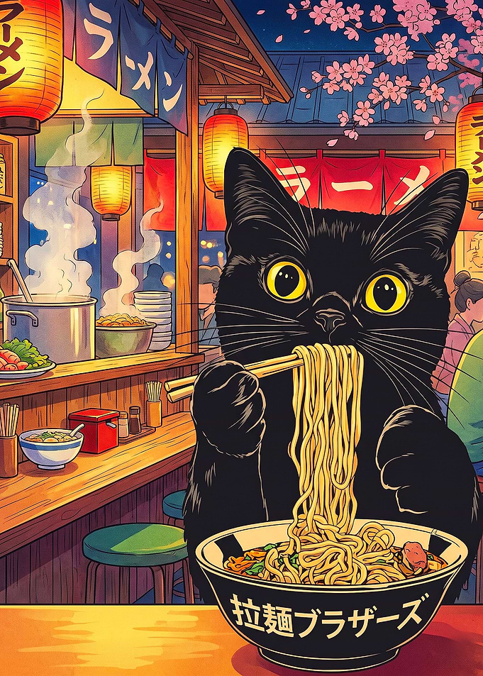 Black Cat Eating Ramen at Night