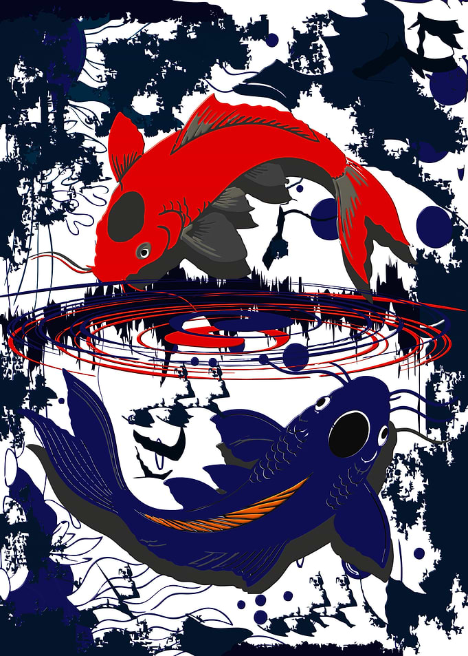 Red and Blue Koi Fish Illustration