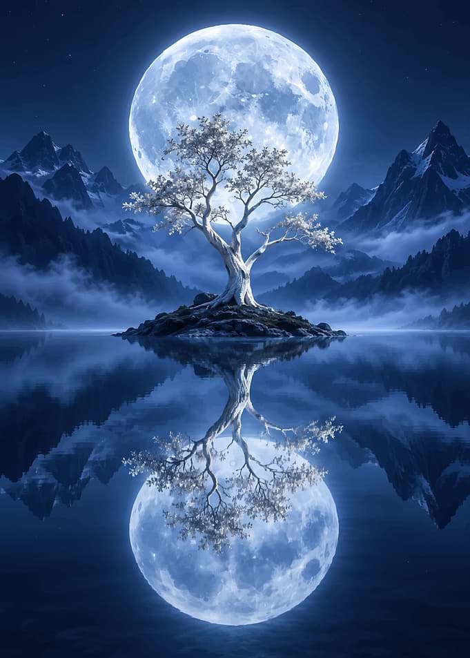 Lone Tree Under Full Moon