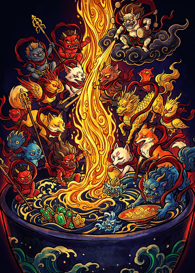 Japanese Yokai Ramen Bowl Illustration