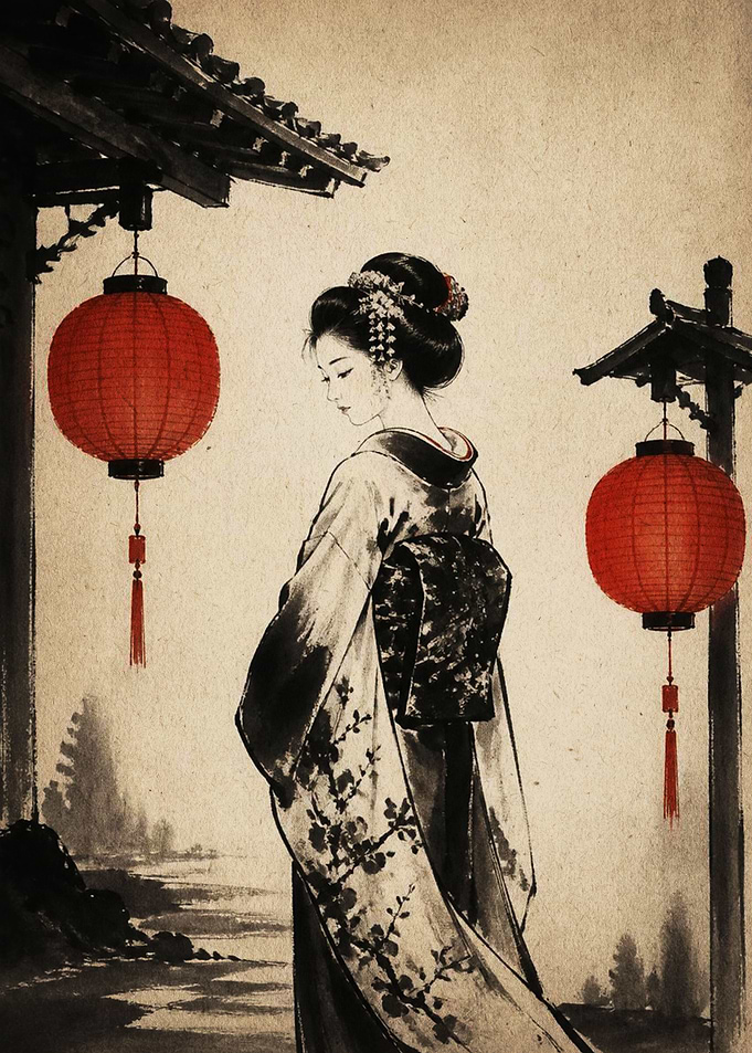 Geisha Standing Under Red Lanterns