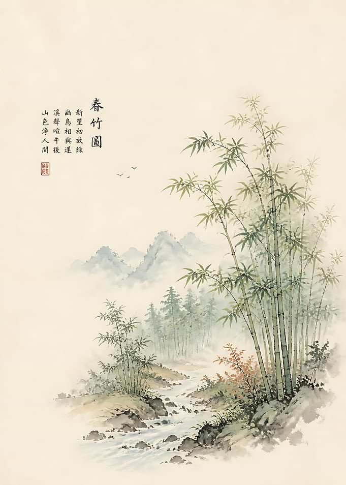 Traditional Chinese Ink Wash Bamboo Landscape