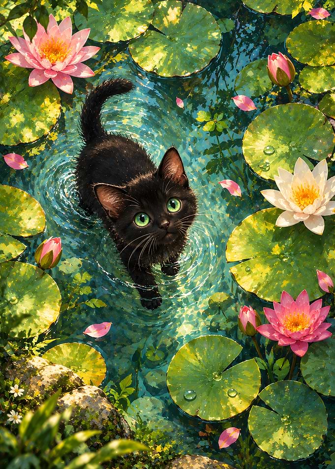 Black Kitten in Lotus Pond