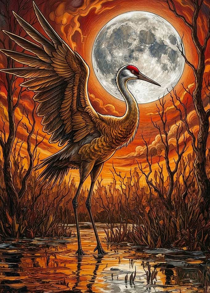 Majestic Crane Under Full Moon