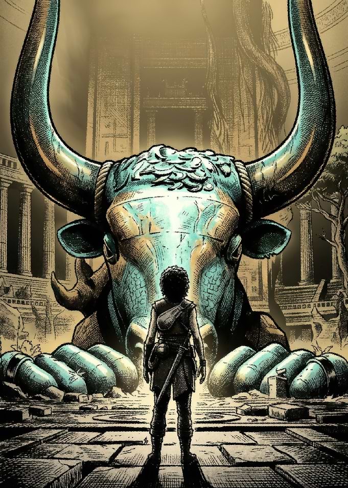Warrior Facing Giant Bull Statue