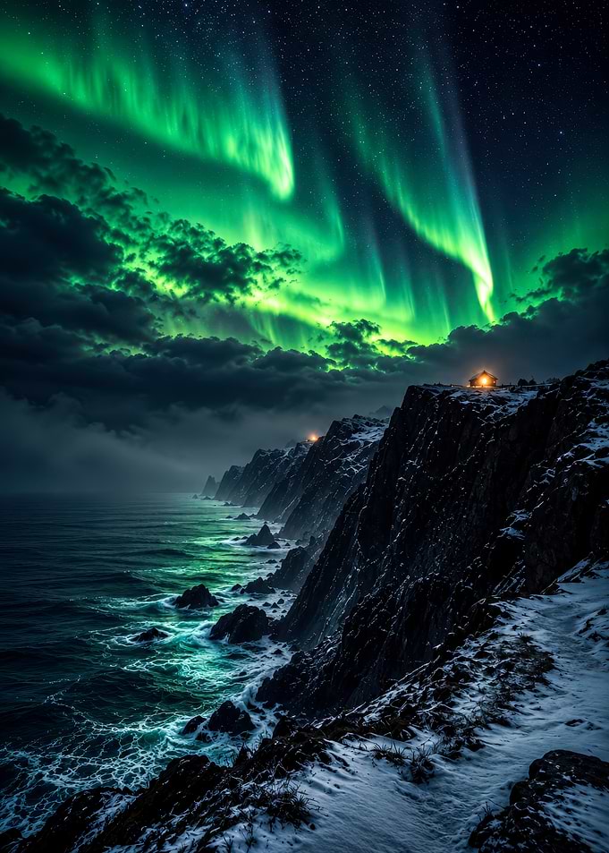 Aurora Borealis Over Snowy Coastal Cliffs