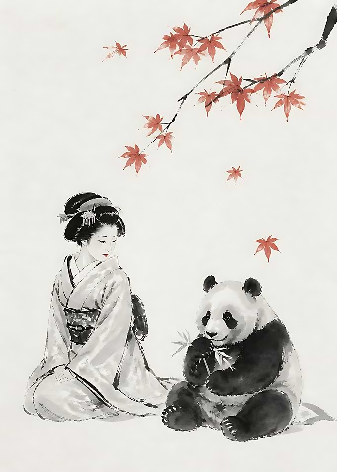 Geisha and Panda Ink Wash Painting