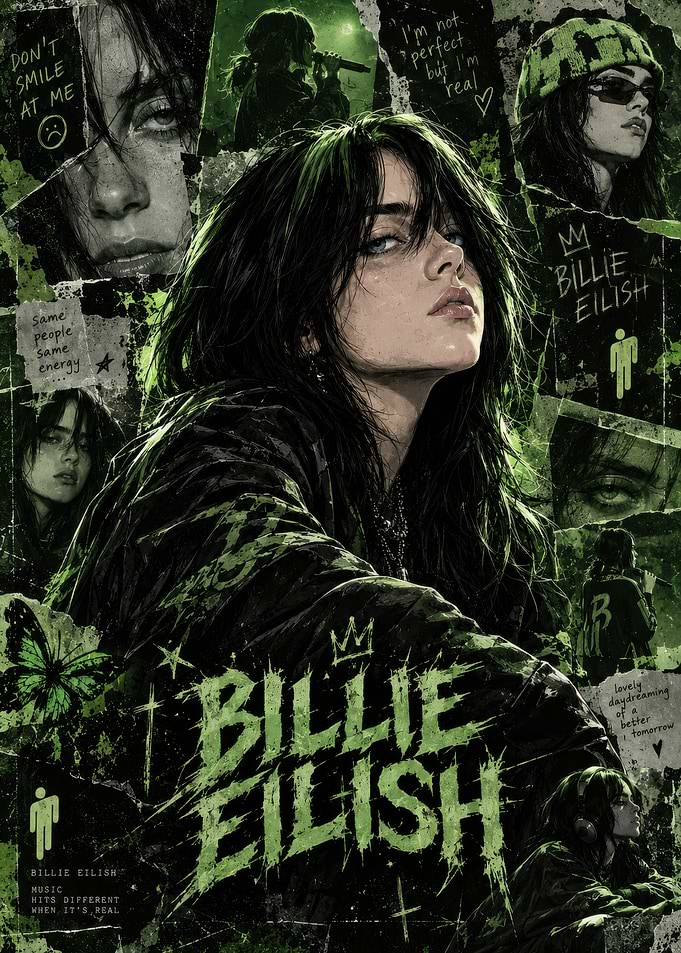 Billie Eilish Green Aesthetic Collage Poster