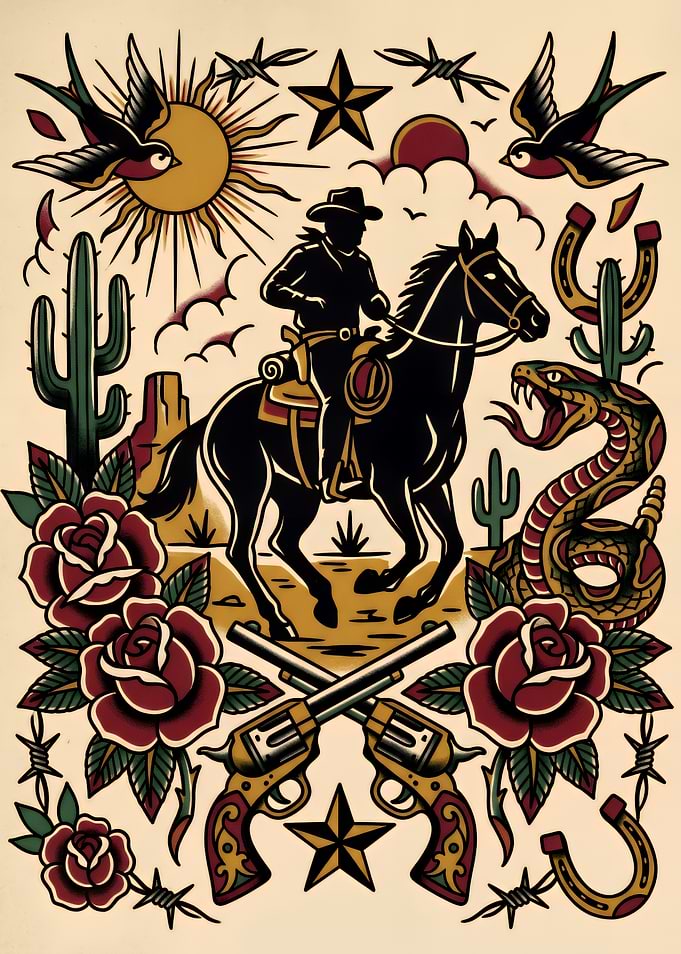 Traditional Western Cowboy Tattoo Flash Art