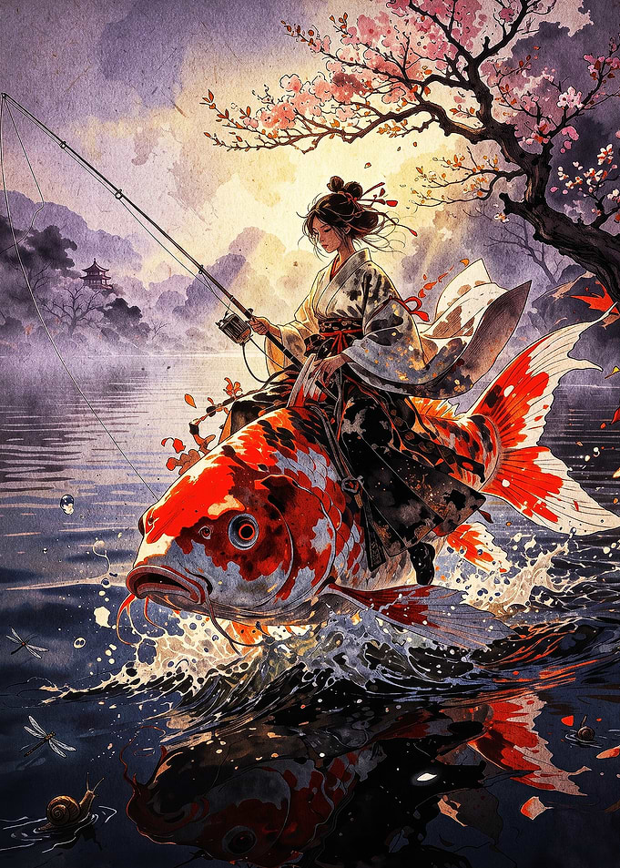 Woman Riding Giant Koi Fish