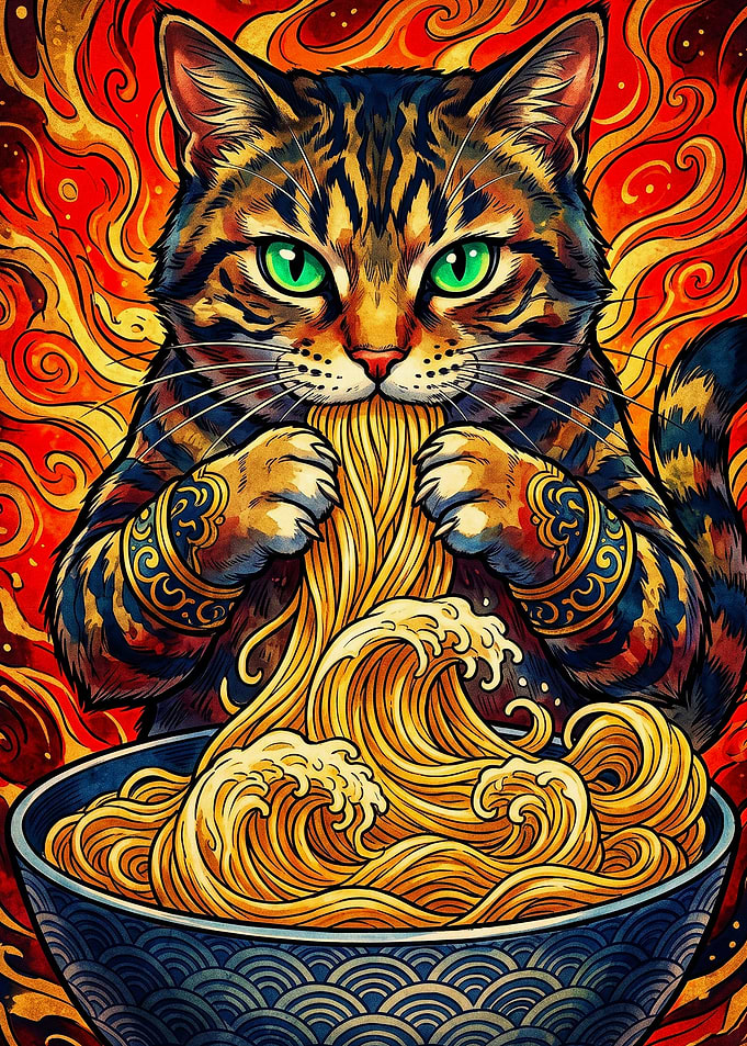 Tabby Cat Eating Ramen Noodles