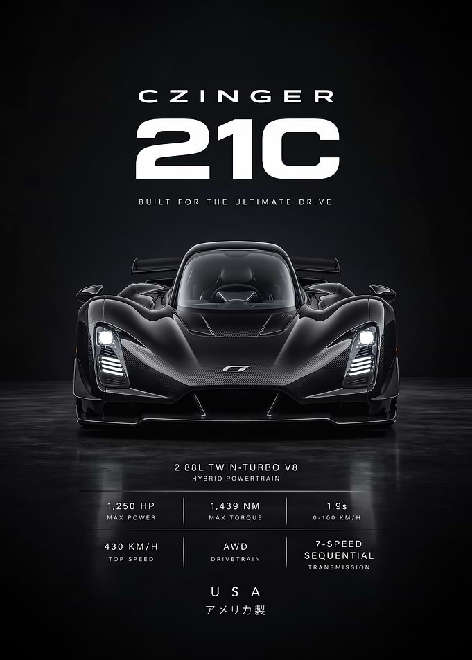 black sleek Czinger 21C Hypercar Specification Poster