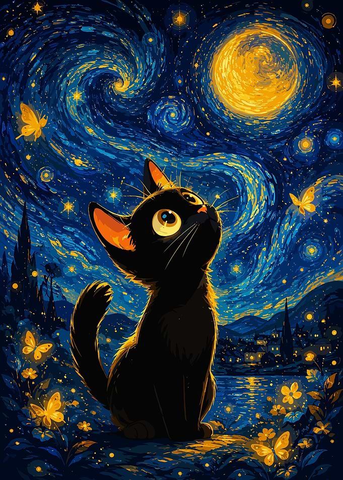 Black Cat Under Starry Night Sky