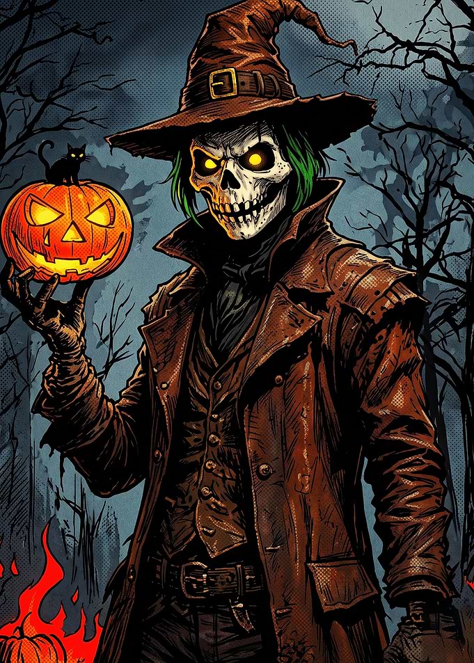 Spooky Skeleton Wizard with Jack-o'-lantern