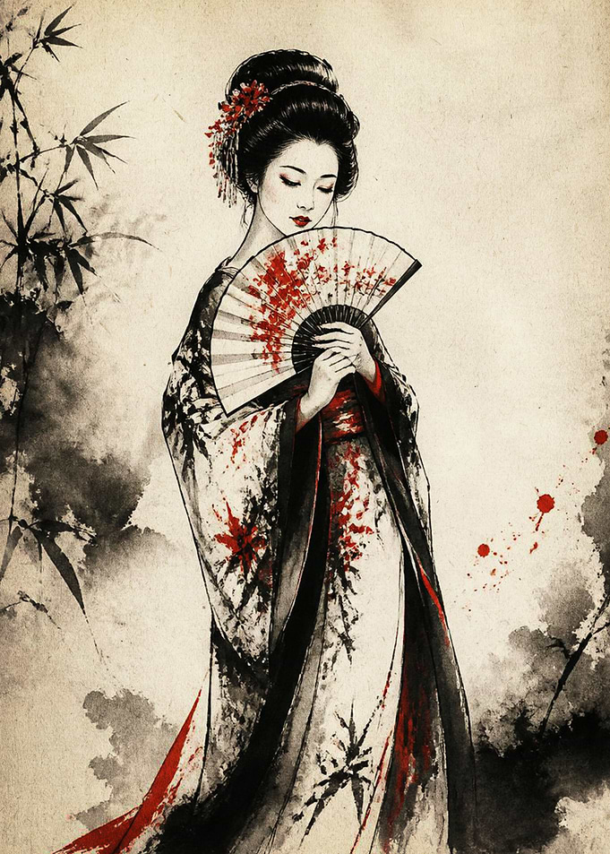 Elegant Geisha with Fan Ink Wash