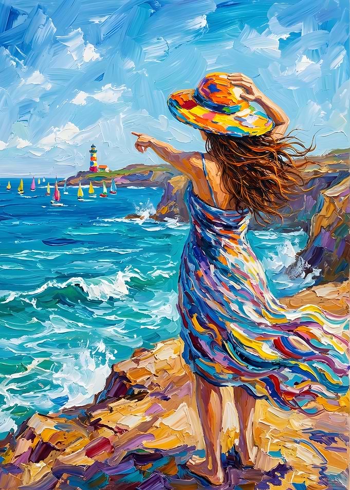 Woman Pointing at Coastal Lighthouse