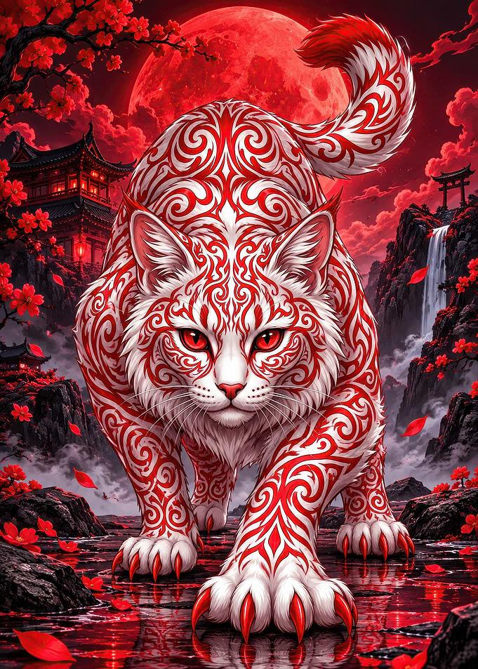Mystical Red Patterned Spirit Cat