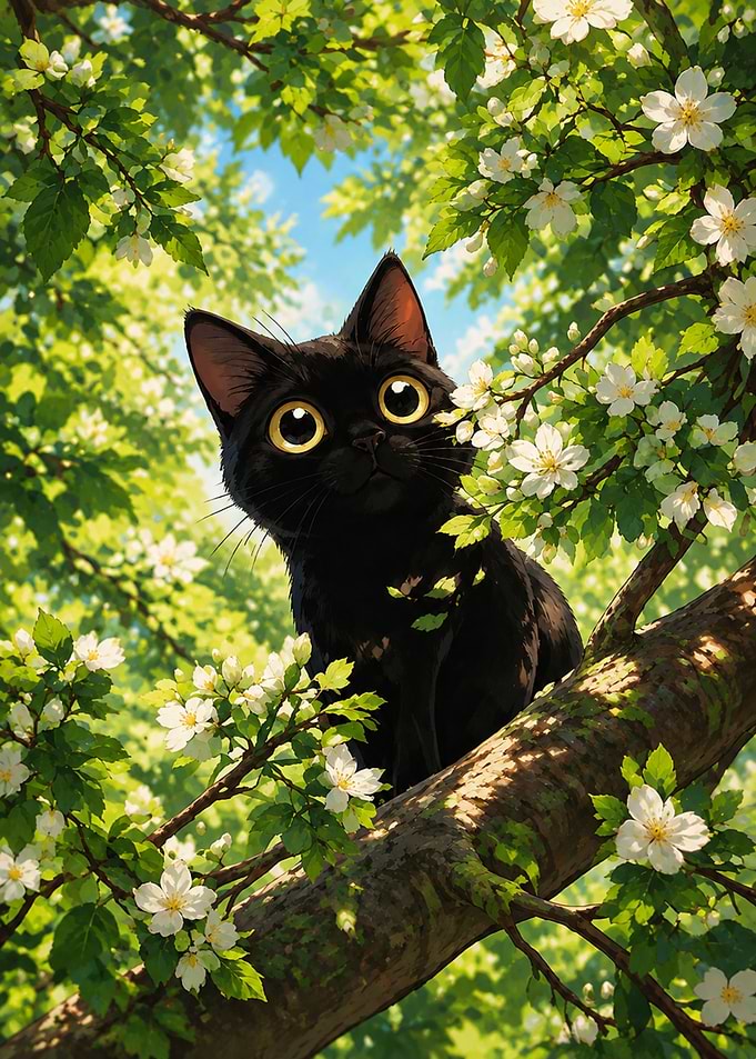 Black Cat in Flowering Tree