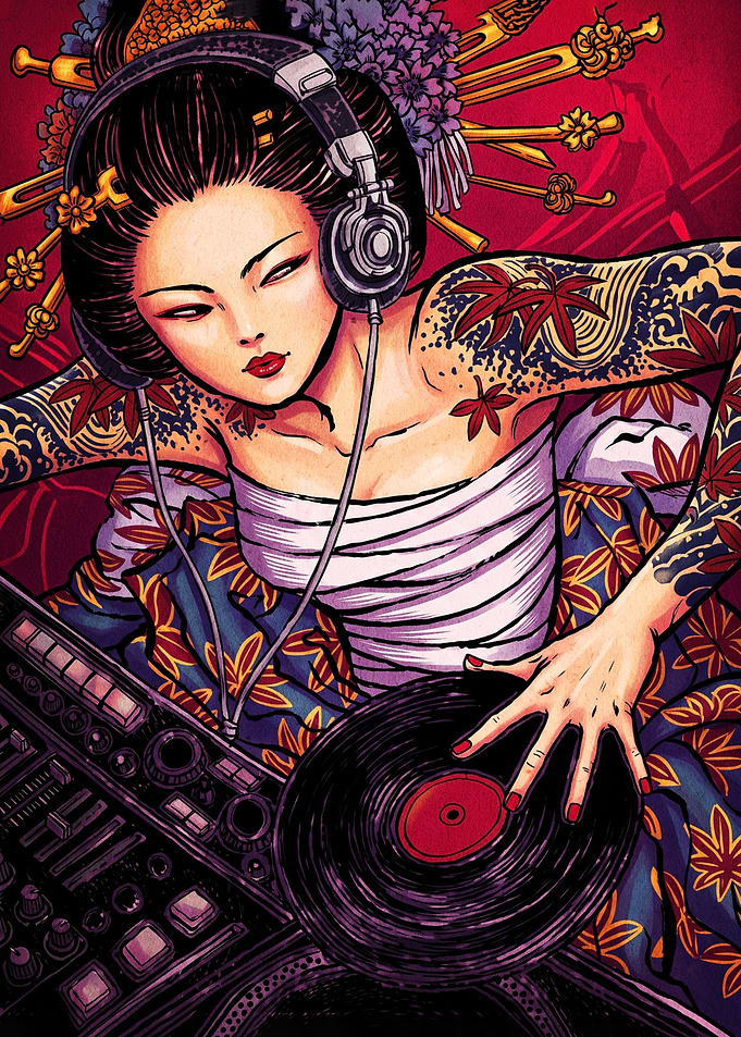 Geisha DJ Playing Vinyl Records