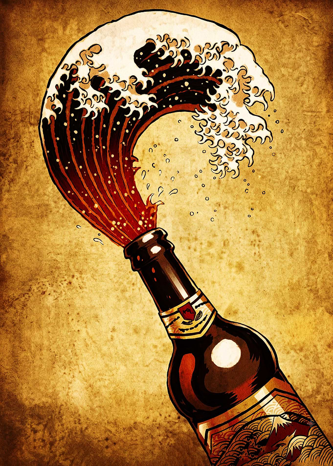 Great Wave Beer Bottle Illustration